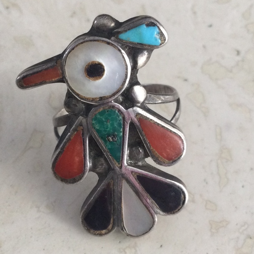 Zuni Bird Inlay Ring Sterling Silver Turquoise Onyx Red Green Large Vintage 925